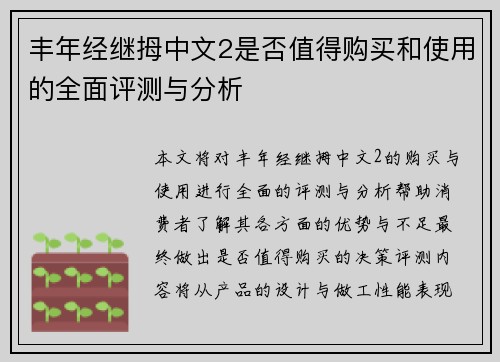 丰年经继拇中文2是否值得购买和使用的全面评测与分析