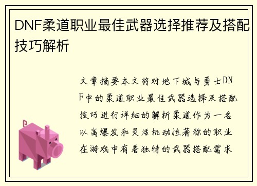 DNF柔道职业最佳武器选择推荐及搭配技巧解析
