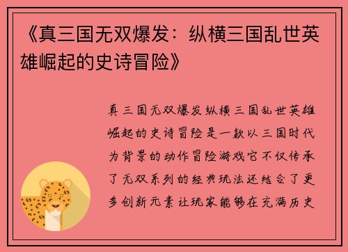 《真三国无双爆发：纵横三国乱世英雄崛起的史诗冒险》