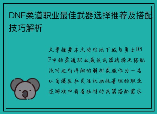 DNF柔道职业最佳武器选择推荐及搭配技巧解析