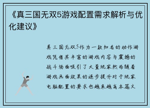 《真三国无双5游戏配置需求解析与优化建议》