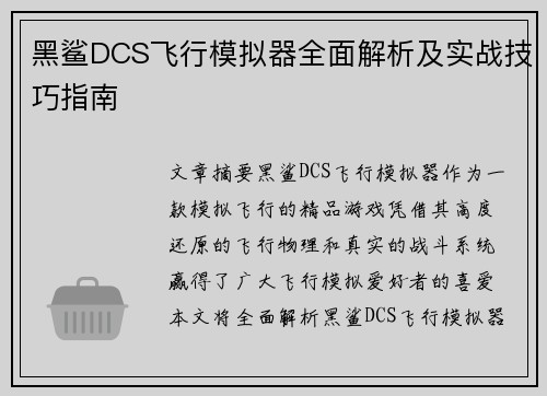 黑鲨DCS飞行模拟器全面解析及实战技巧指南 黑鲨DCS飞行模拟器全面解析及实战技巧指南